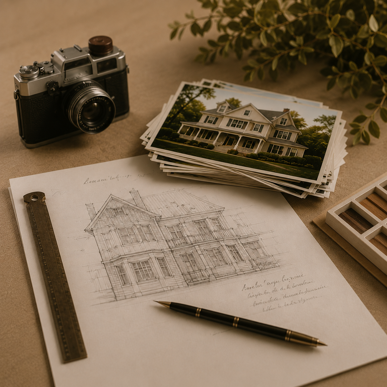 Photographs of a beloved family home gathered for a custom keepsake